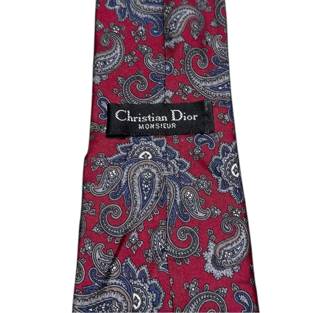 Christian Dior Monsieur Red & Blue Paisley Woven‎ 100% Silk Tie Made In USA